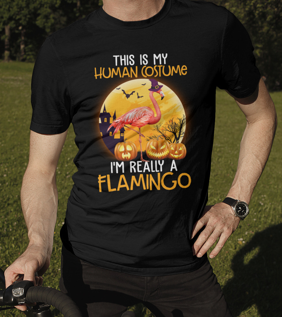 This Is My Human Costume I'm Really A Flamingo Halloween Witch With Pumpkins And Bats T-Shirt