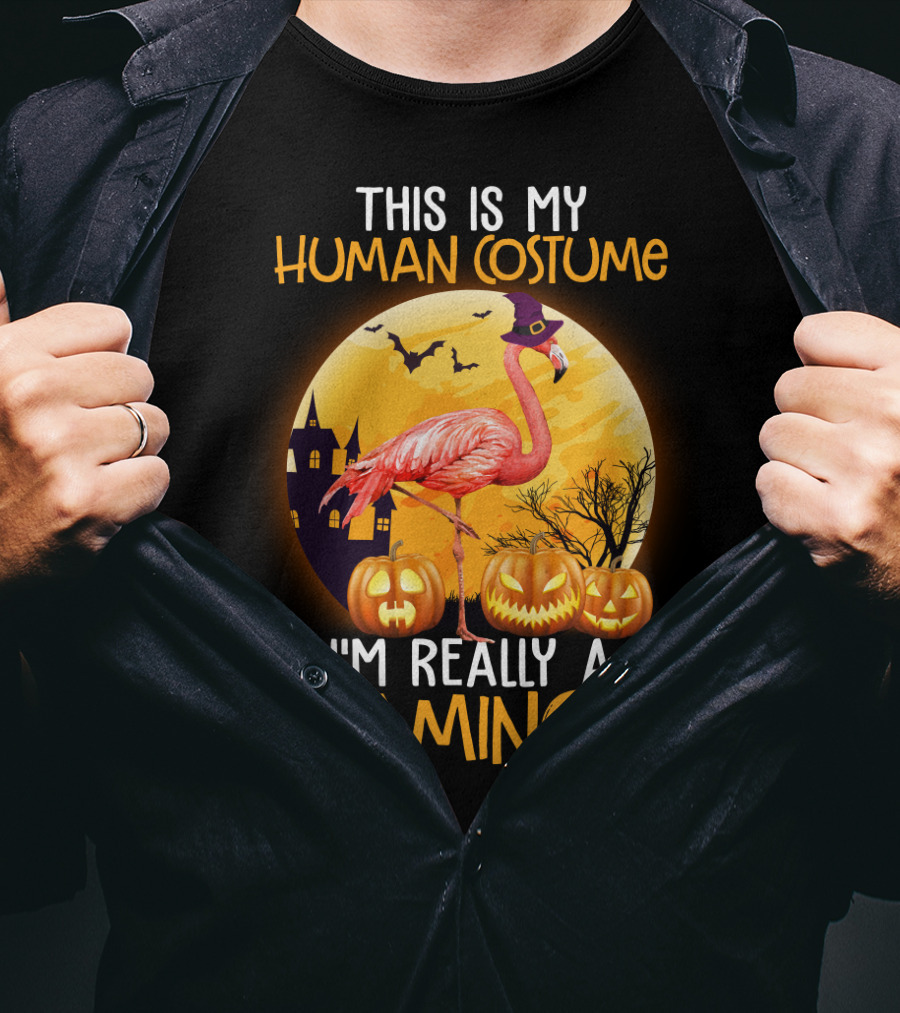 This Is My Human Costume I'm Really A Flamingo Halloween Witch With Pumpkins And Bats T-Shirt