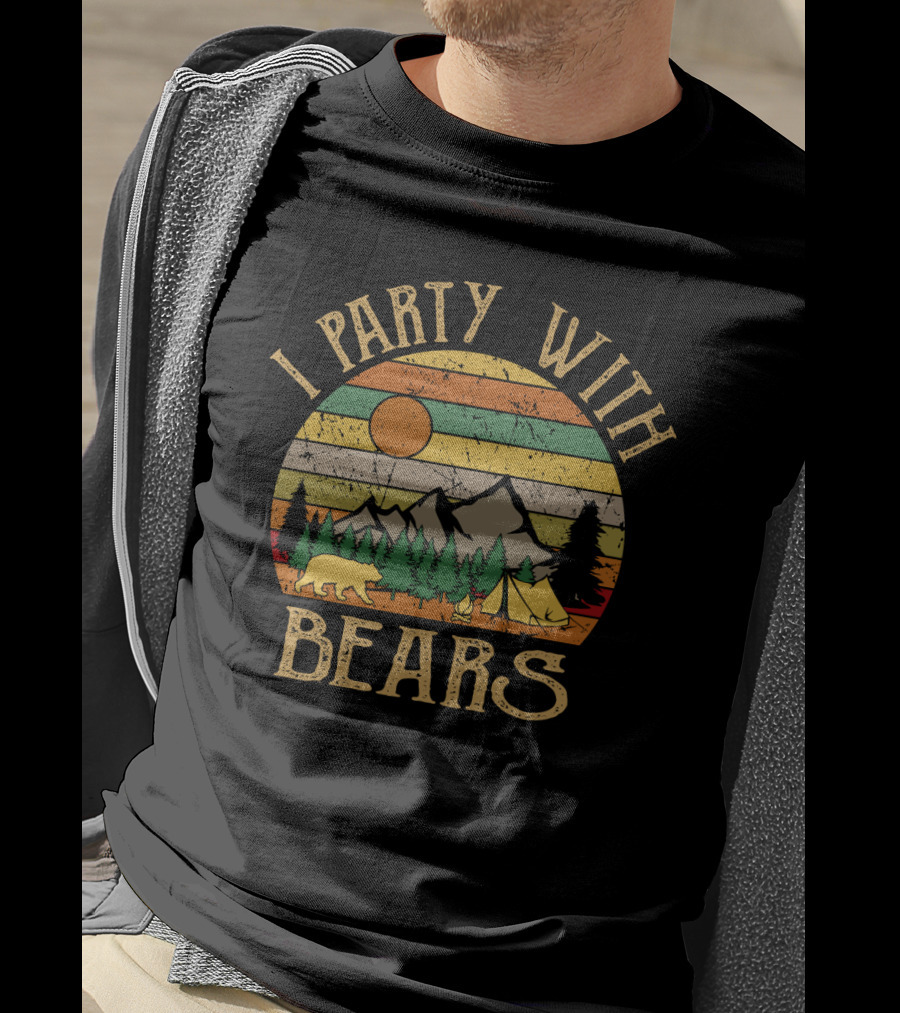 I Party With Bears Retro Sunset Camping Adventure Scene T-Shirt