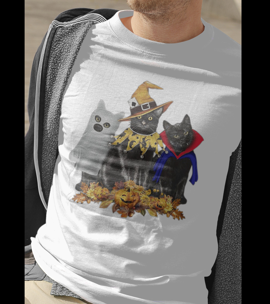 Black Cat Witch Boo Vampire Halloween With Pumpkins And Ghost Costume T-Shirt
