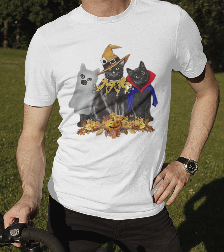 Black Cat Witch Boo Vampire Halloween With Pumpkins And Ghost Costume T-Shirt