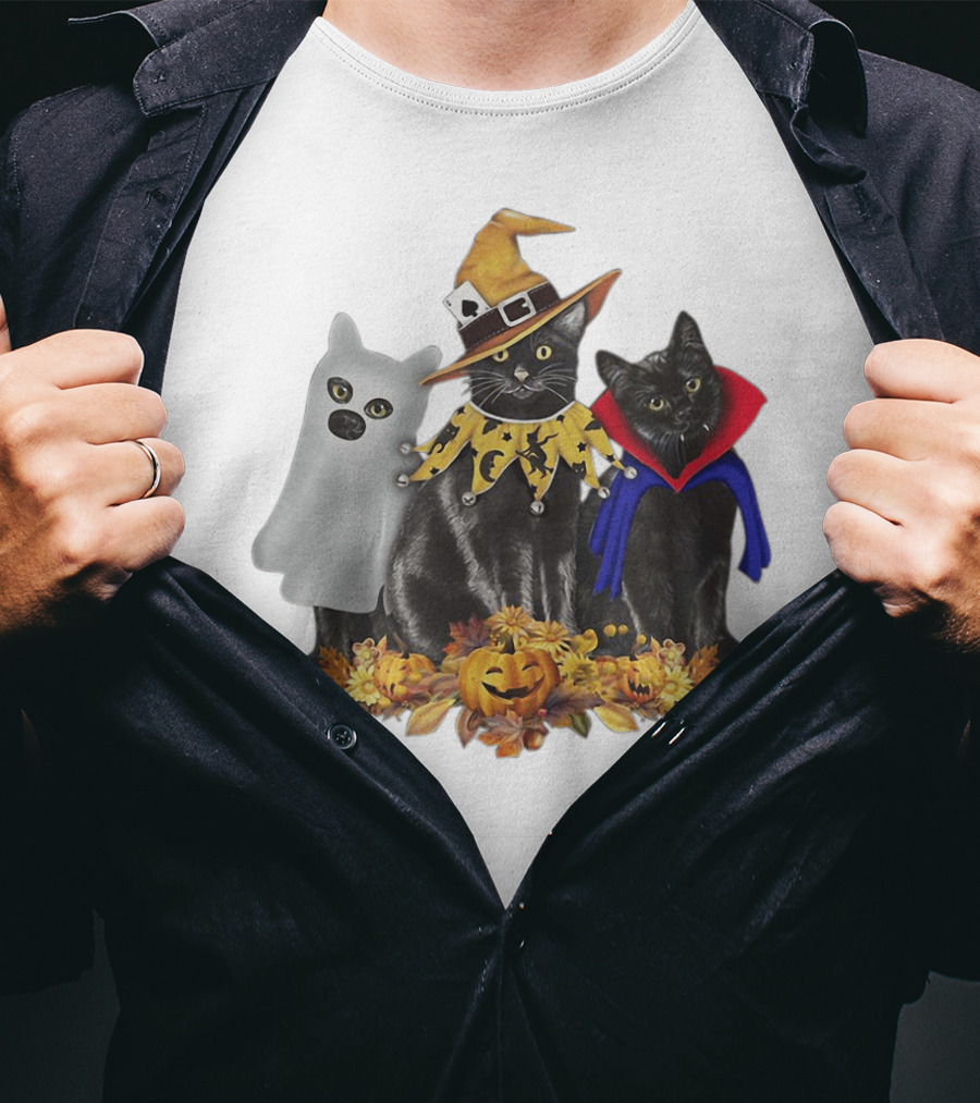 Black Cat Witch Boo Vampire Halloween With Pumpkins And Ghost Costume T-Shirt