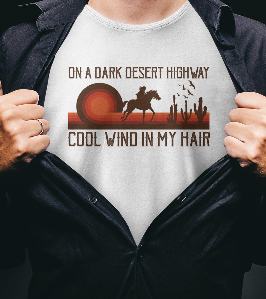 Dark Desert Highway Horse Rider Silhouette Sunset Cool Wind In My Hair T-Shirt