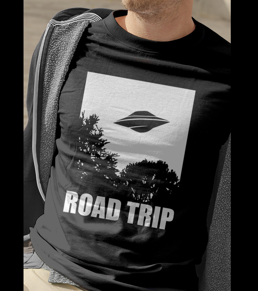Road Trip UFO Flying Over Silhouette Trees T-Shirt