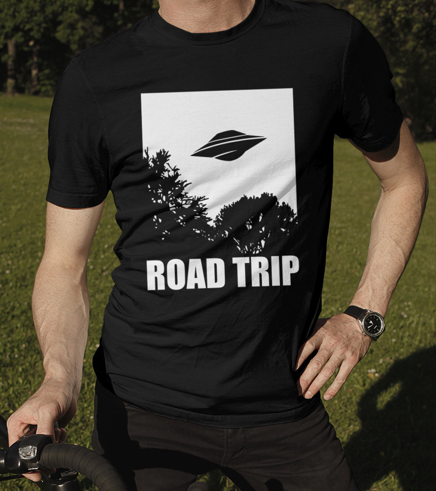 Road Trip UFO Flying Over Silhouette Trees T-Shirt
