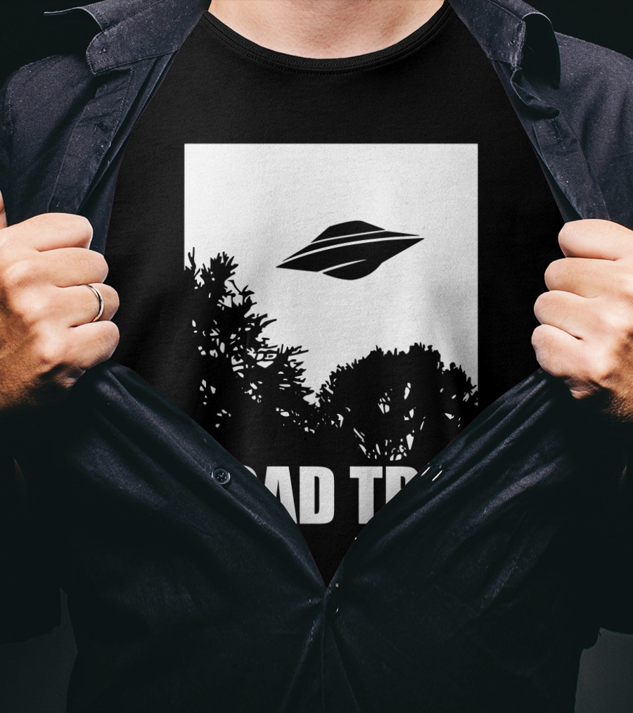 Road Trip UFO Flying Over Silhouette Trees T-Shirt