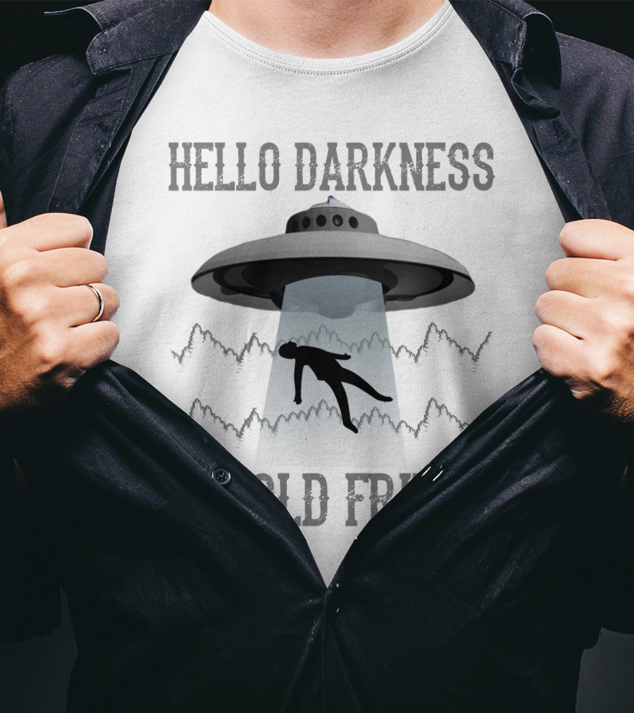 Hello Darkness My Old Friend UFO Abduction Silhouette In Forest Scene T-Shirt