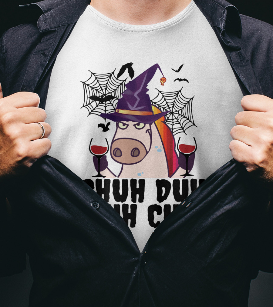 Shuh Duh Fuh Cup Unicorn Witch Halloween With Wine Spider Webs And Bats T-Shirt