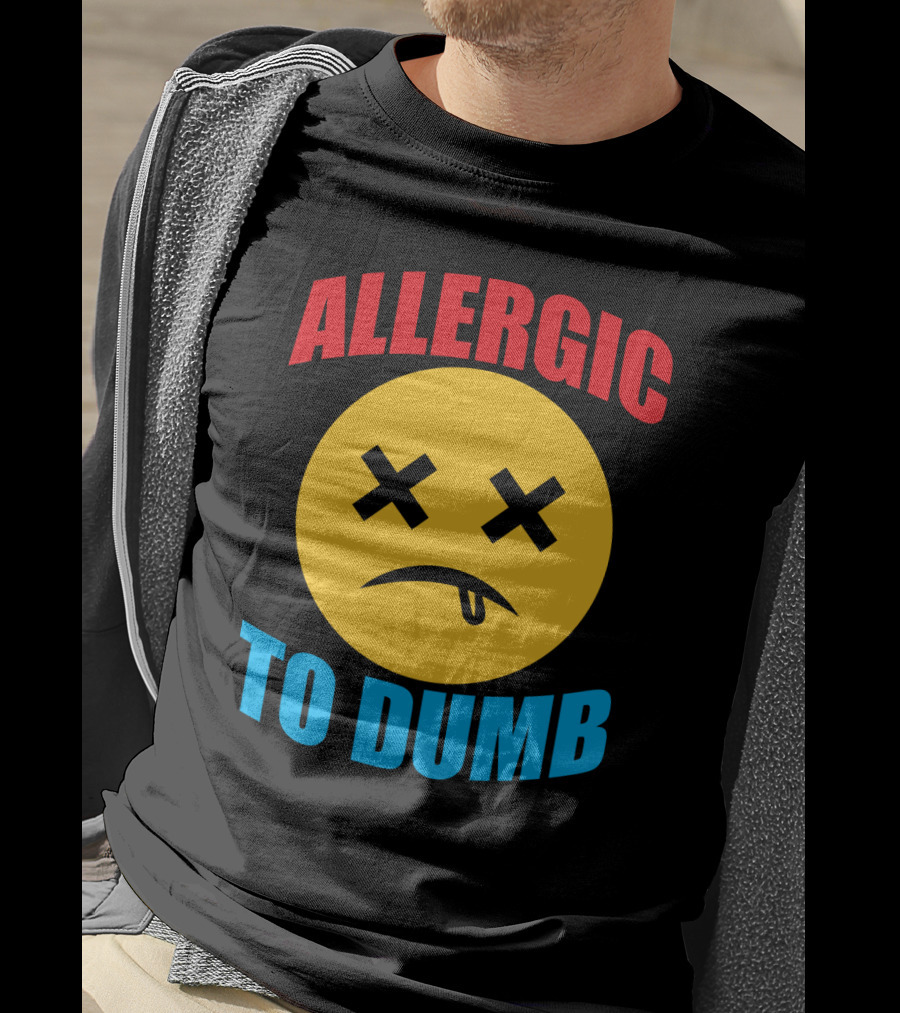 Allergic To Dumb Funny Sarcasm Tattooed Girls With Yellow Emoticon Face And Crossed Eyes T-Shirt