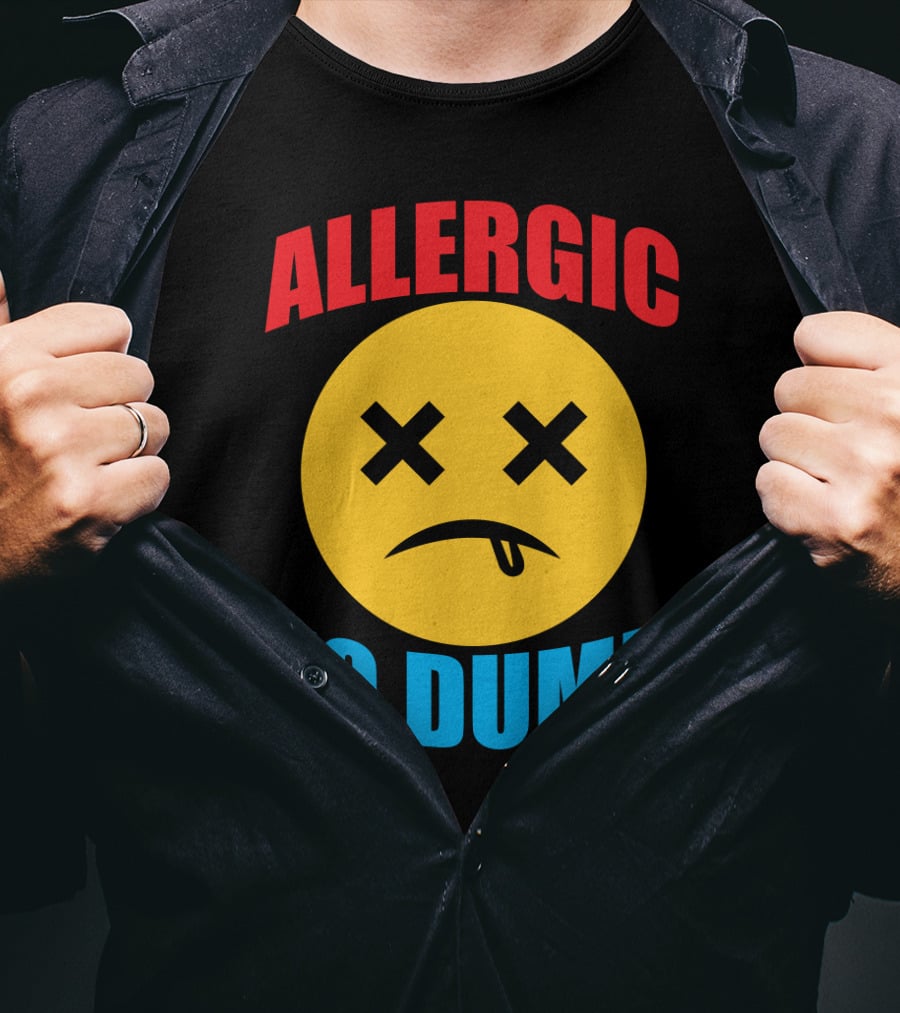 Allergic To Dumb Funny Sarcasm Tattooed Girls With Yellow Emoticon Face And Crossed Eyes T-Shirt