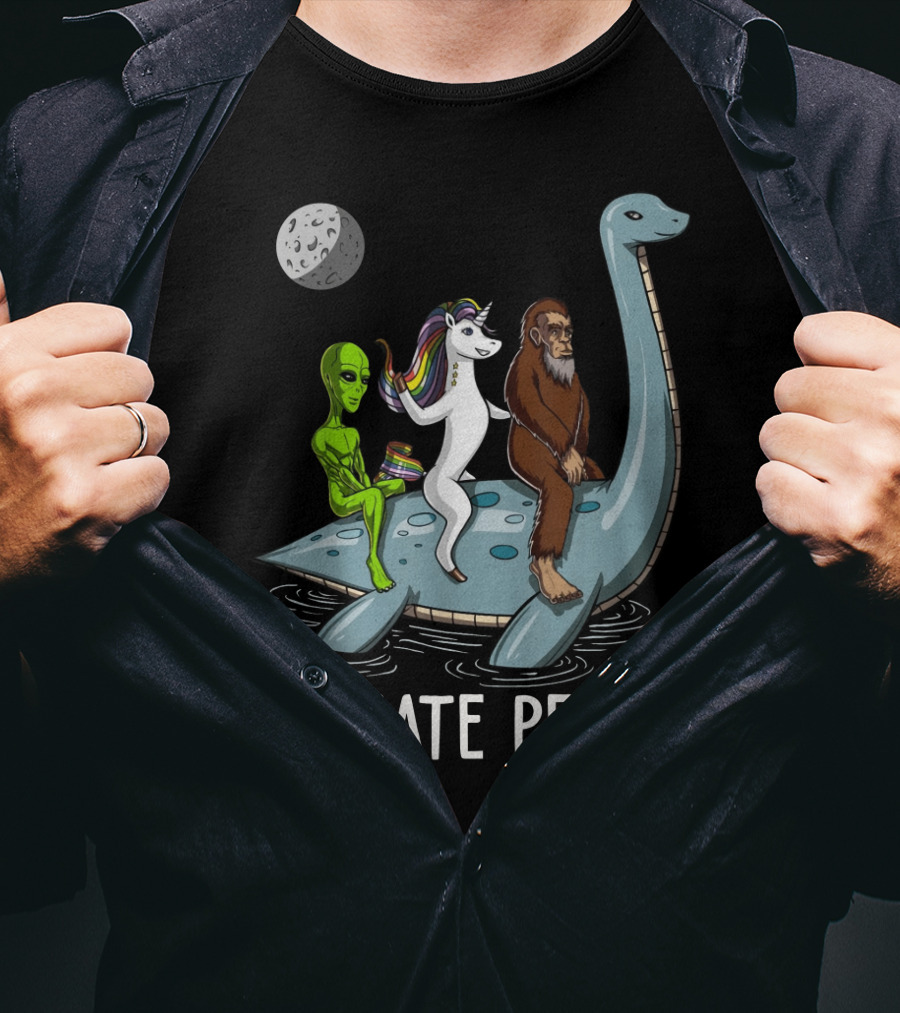 Loch Ness Monster Alien Bigfoot Unicorn Riding We Hate People T-Shirt