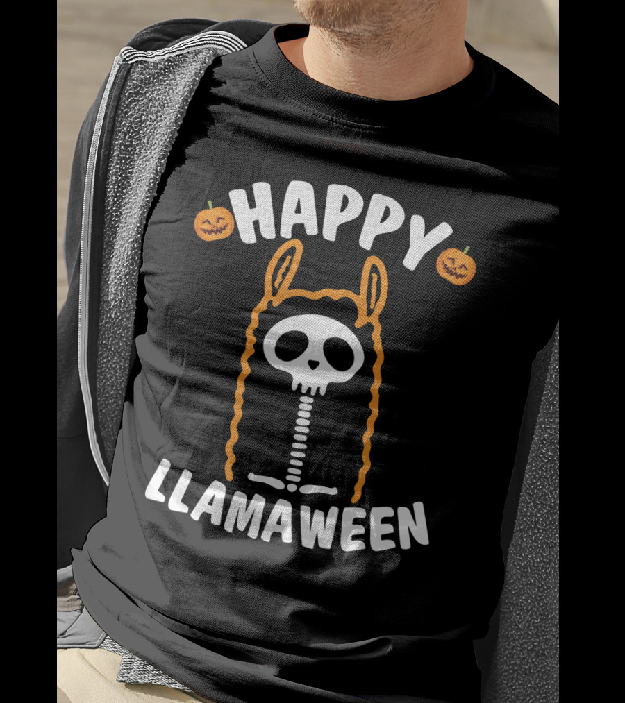 Happy Llamaween Skeleton Llama With Pumpkins And Festive Halloween T-Shirt