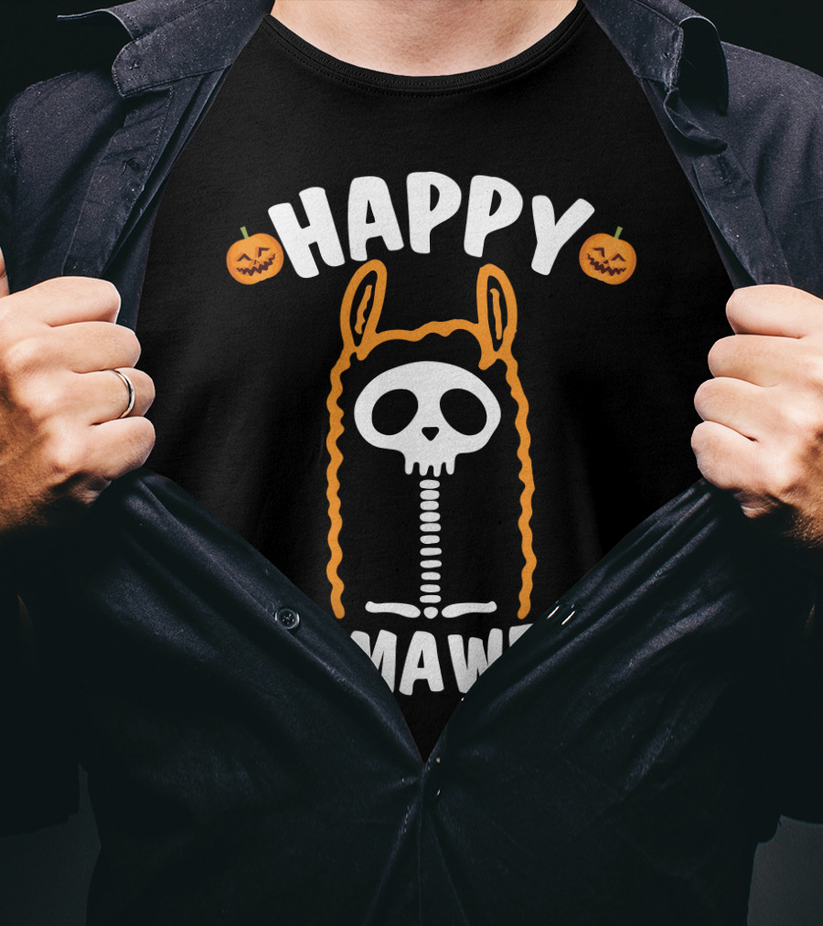 Happy Llamaween Skeleton Llama With Pumpkins And Festive Halloween T-Shirt