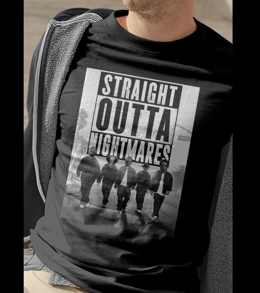 Straight Outta Nightmares Jason IT Michael Freddy Thomas Horror Icons Walking Down Compton Street T-Shirt