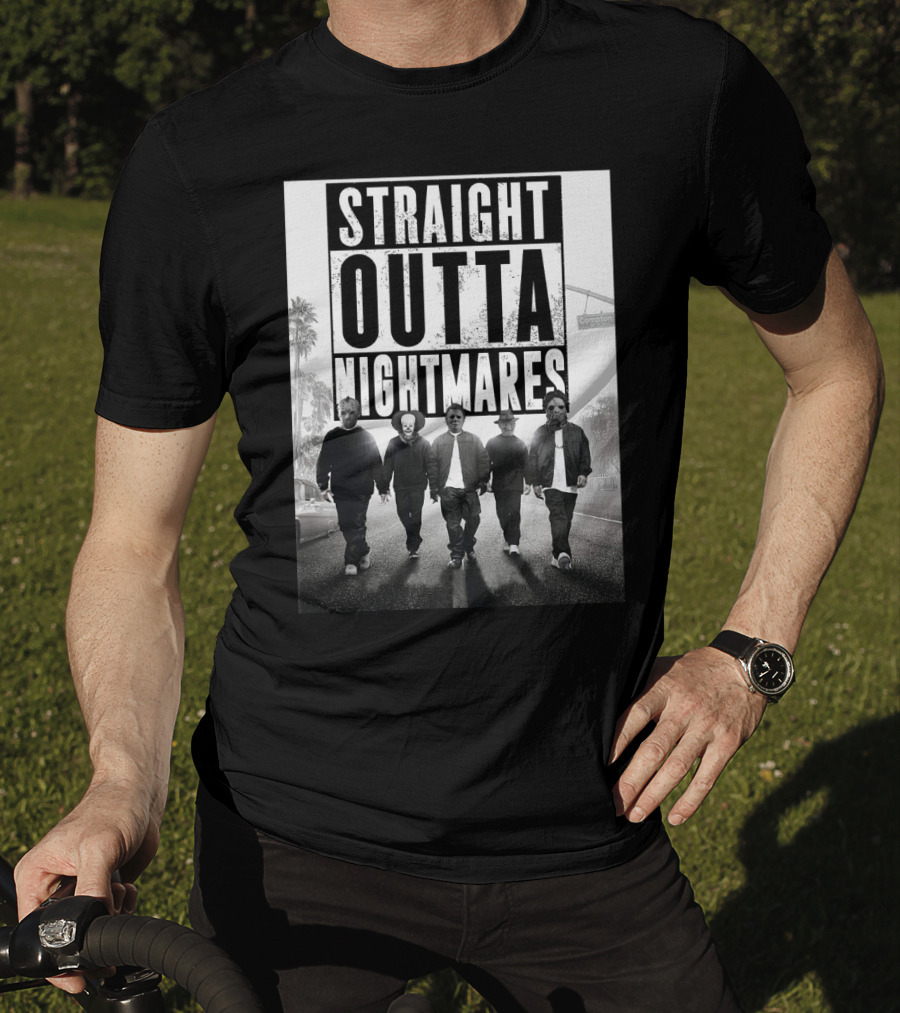 Straight Outta Nightmares Jason IT Michael Freddy Thomas Horror Icons Walking Down Compton Street T-Shirt