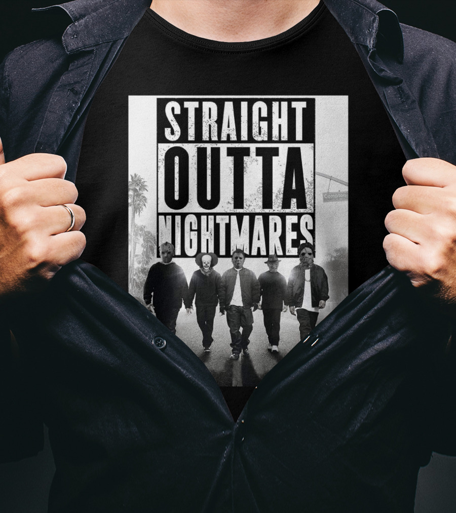 Straight Outta Nightmares Jason IT Michael Freddy Thomas Horror Icons Walking Down Compton Street T-Shirt