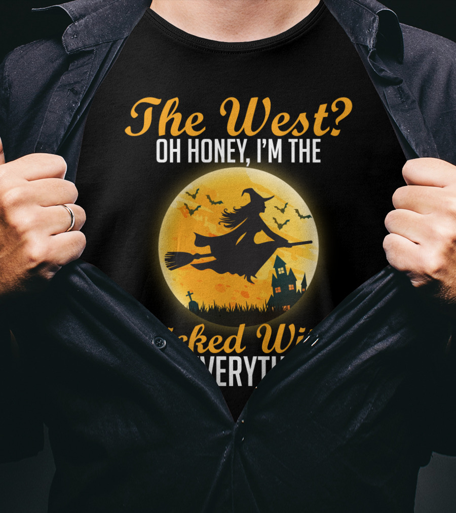 The West Oh Honey I'm The Wicked Witch Silhouette Flying On Broom Halloween Moon Scene T-Shirt