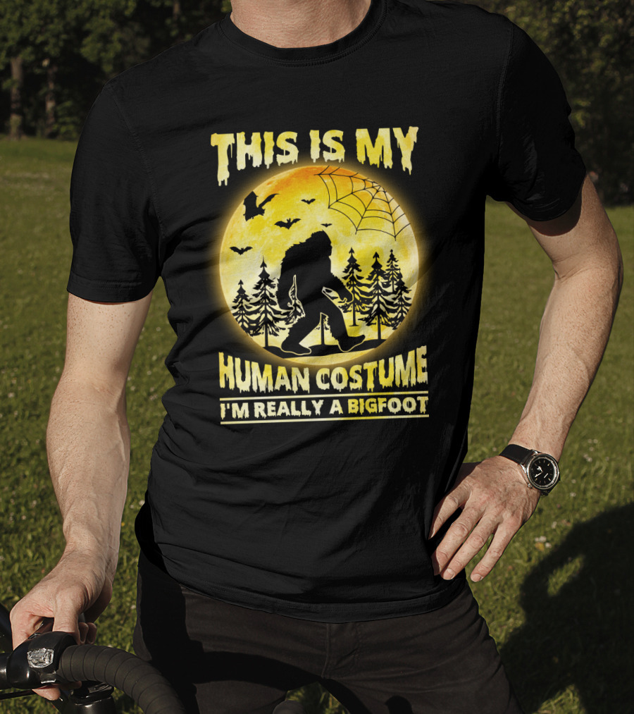 Bigfoot Silhouette In Moonlit Forest With Web And Bats - This Is My Human Costume I'm Really A Bigfoot T-Shirt