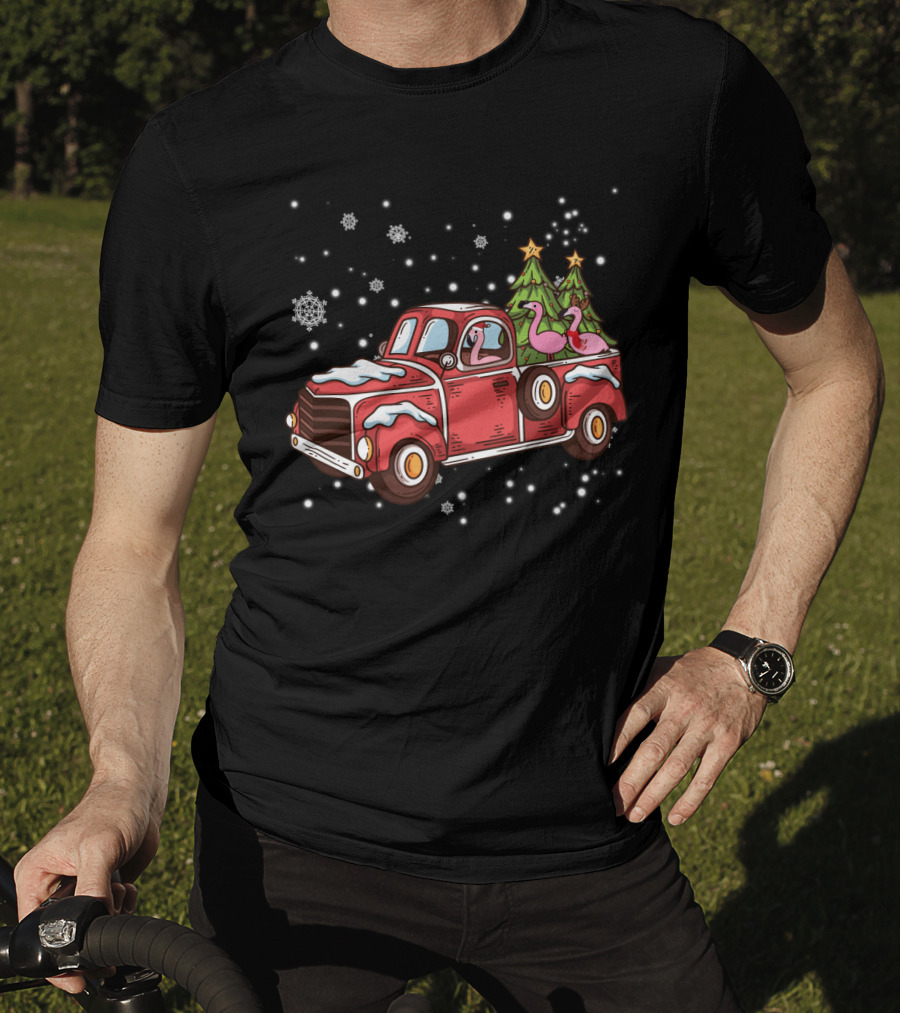 Christmas Flamingos Riding In Red Truck With Snowflakes And Christmas Trees T-Shirt