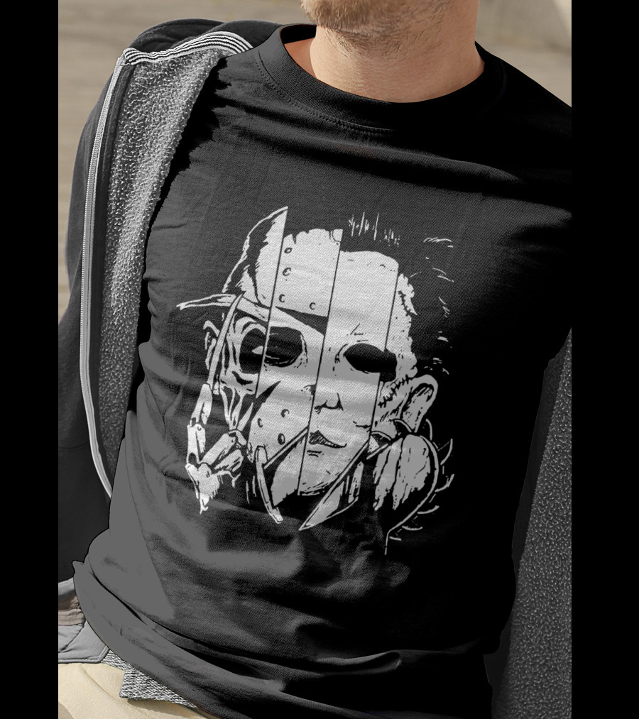 Freddy Krueger Jason Voorhees Michael Myers Thomas Iconic Horror Faces Combined T-Shirt