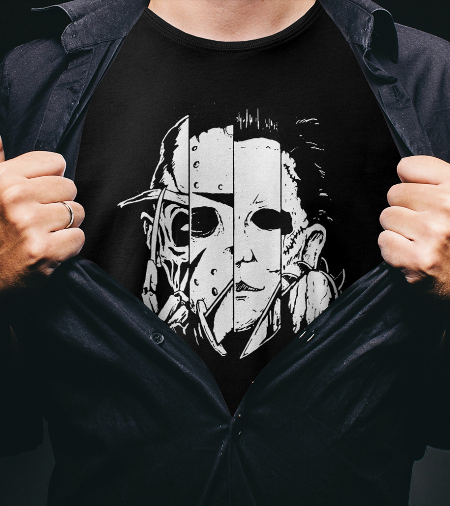 Freddy Krueger Jason Voorhees Michael Myers Thomas Iconic Horror Faces Combined T-Shirt