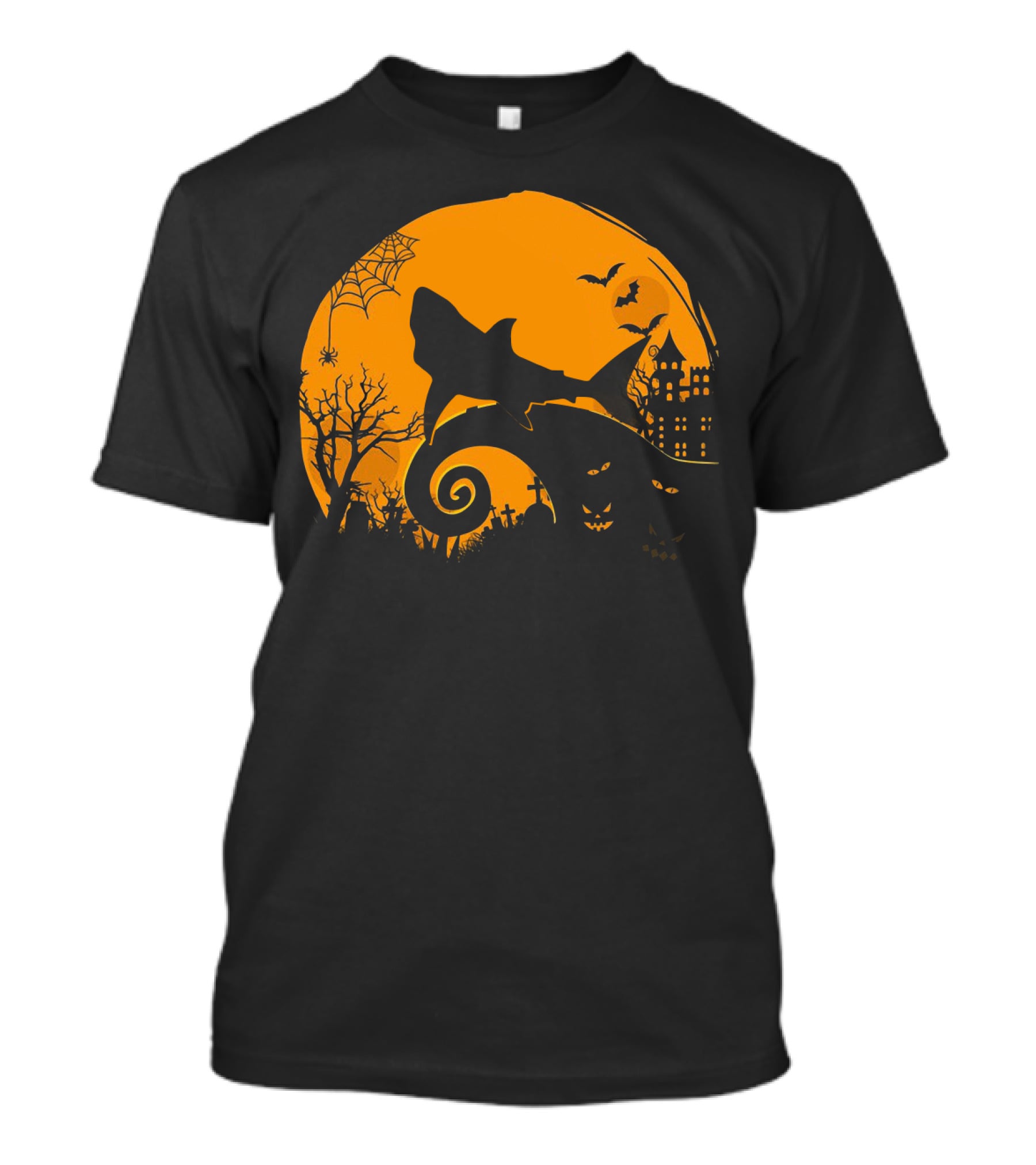 Halloween Shark King Parody In Spooky Nightmarish Setting With Haunted Graveyard Silhouette And Moonlit Spider Web T-Shirt