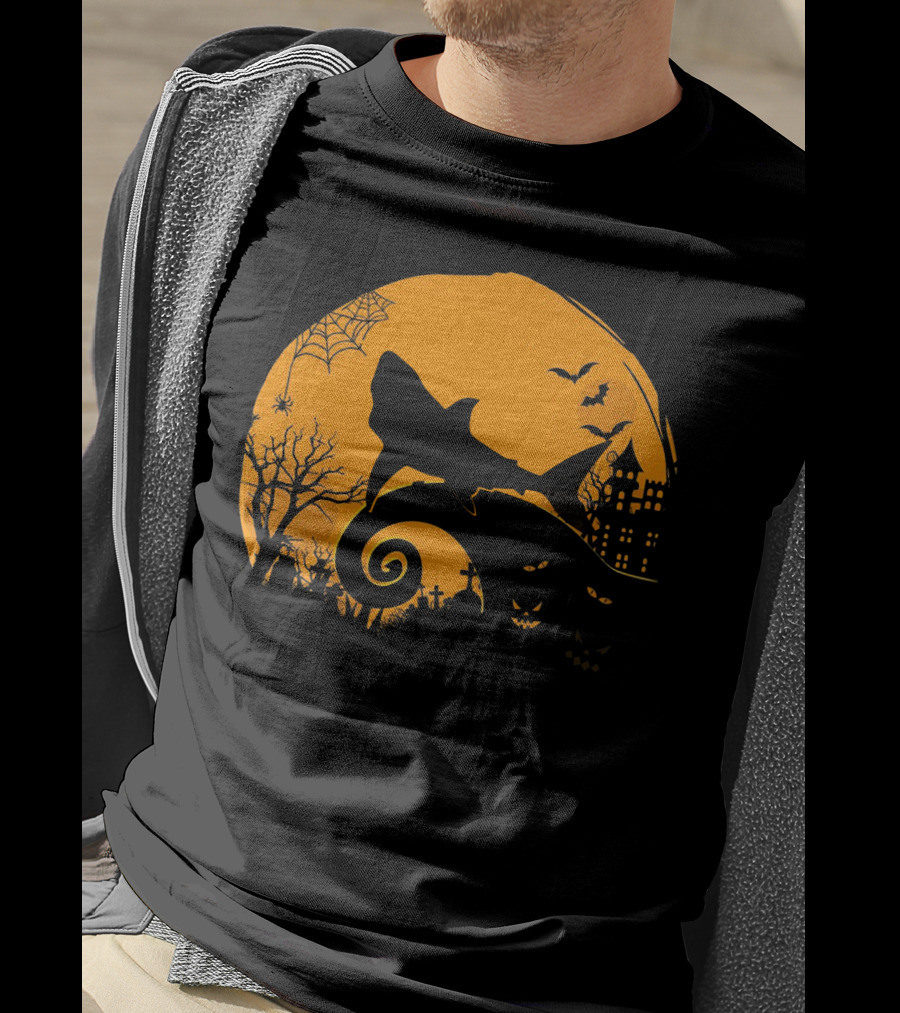 Halloween Shark King Parody In Spooky Nightmarish Setting With Haunted Graveyard Silhouette And Moonlit Spider Web T-Shirt