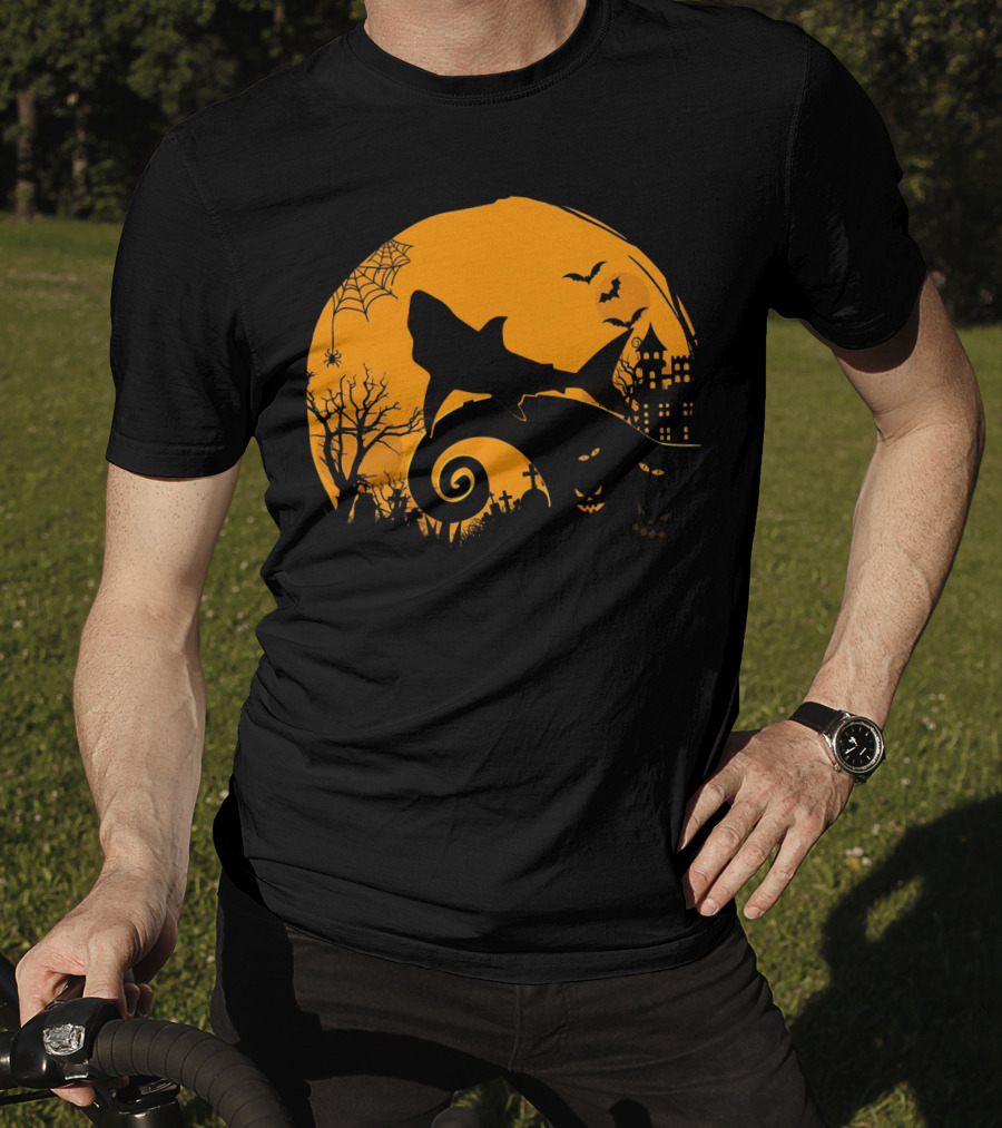 Halloween Shark King Parody In Spooky Nightmarish Setting With Haunted Graveyard Silhouette And Moonlit Spider Web T-Shirt