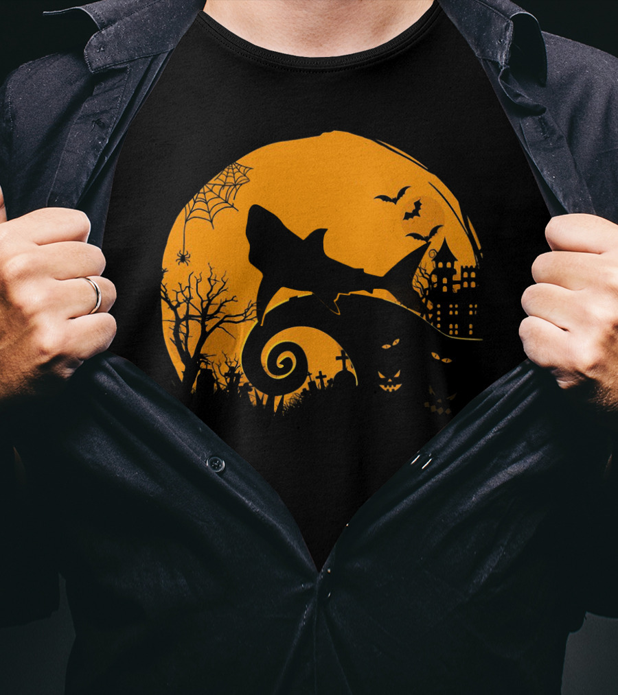Halloween Shark King Parody In Spooky Nightmarish Setting With Haunted Graveyard Silhouette And Moonlit Spider Web T-Shirt