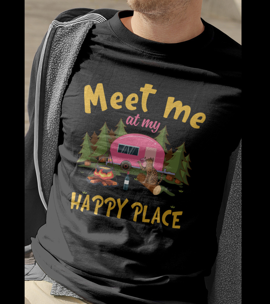 Meet Me At My Happy Place Funny Camping Cat With Wine By Campfire T-Shirt