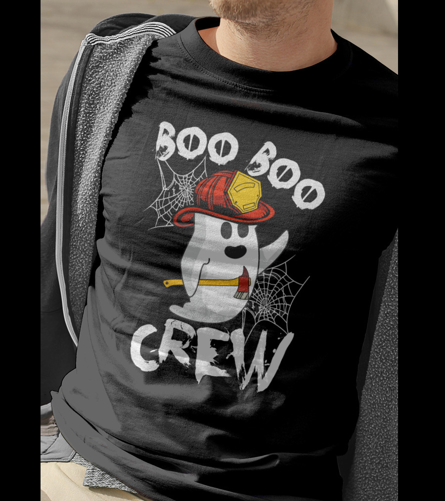 Boo Boo Crew Ghost With Firefighter Helmet And Axe Halloween T-Shirt