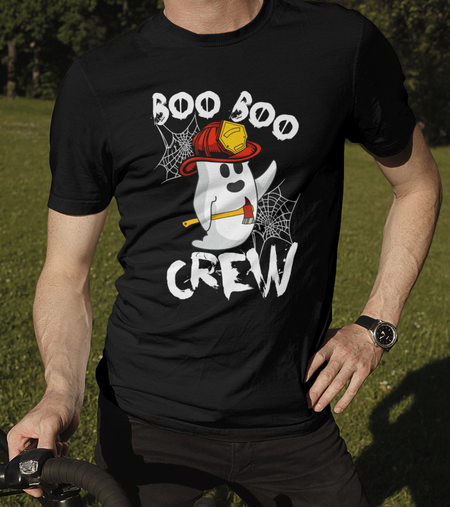 Boo Boo Crew Ghost With Firefighter Helmet And Axe Halloween T-Shirt