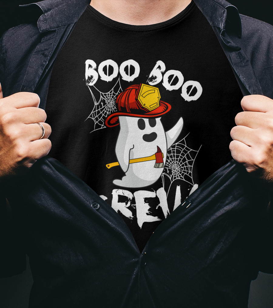 Boo Boo Crew Ghost With Firefighter Helmet And Axe Halloween T-Shirt