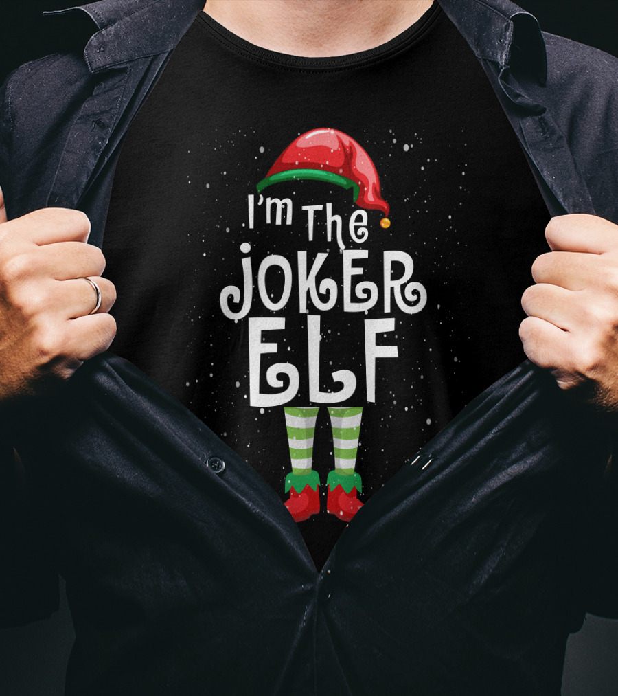 I'm The Joker Elf Christmas Costume With Striped Stockings And Red Hat T-Shirt