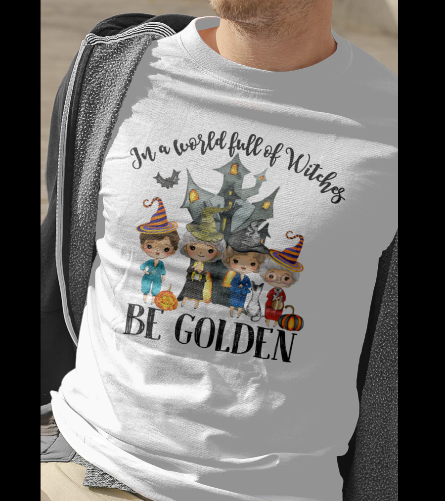 In A World Full Of Witches Be Golden Funny Halloween Girls House Cat Pumpkins T-Shirt