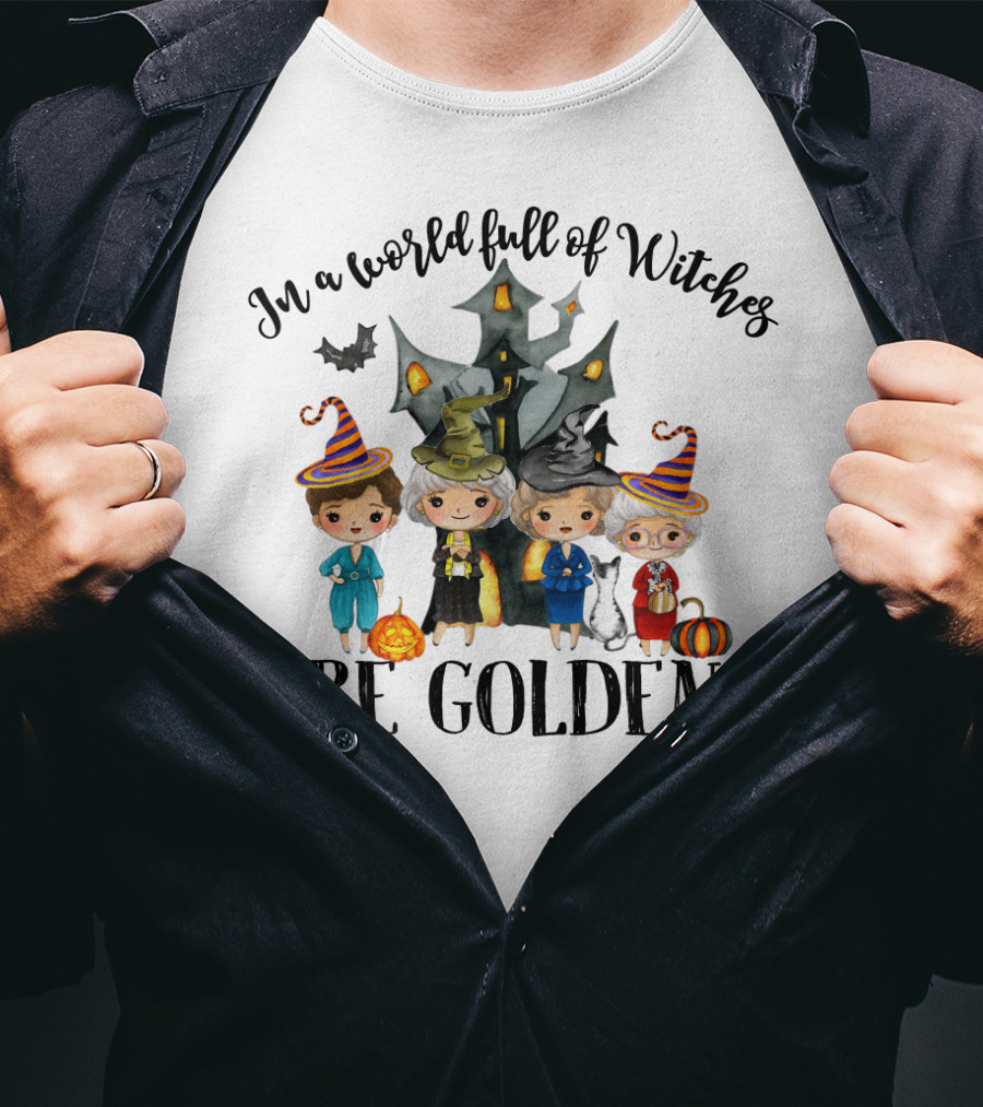 In A World Full Of Witches Be Golden Funny Halloween Girls House Cat Pumpkins T-Shirt