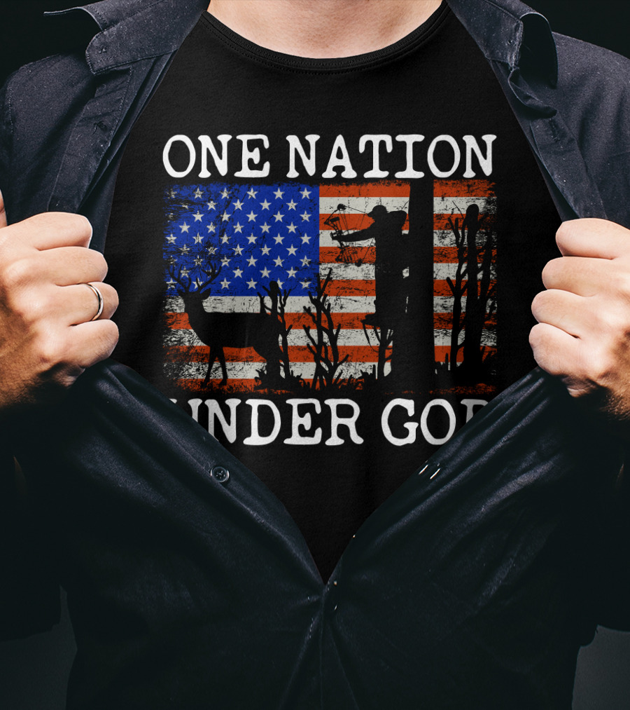 One Nation Under God American Flag Deer Hunting Bow Hunter T-Shirt