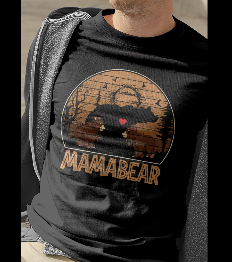 Mama Bear Vintage Sunset With Bears And Heart In Forest Scene T-Shirt