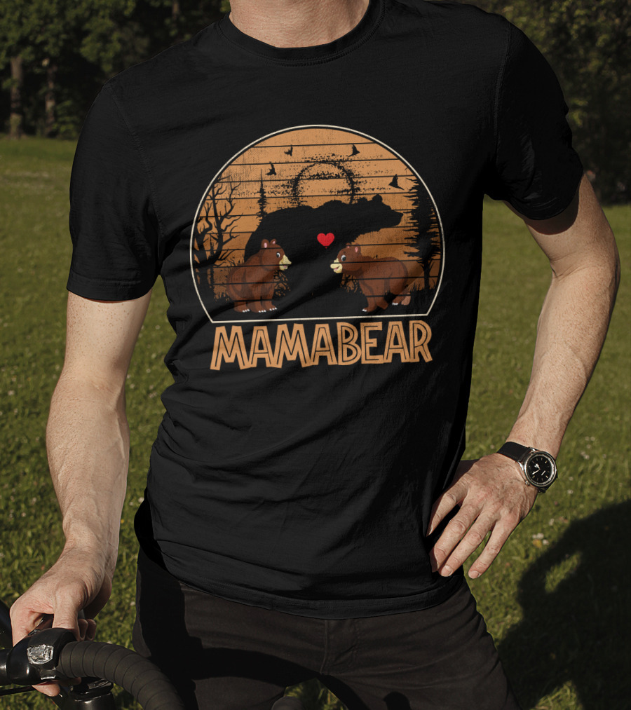 Mama Bear Vintage Sunset With Bears And Heart In Forest Scene T-Shirt