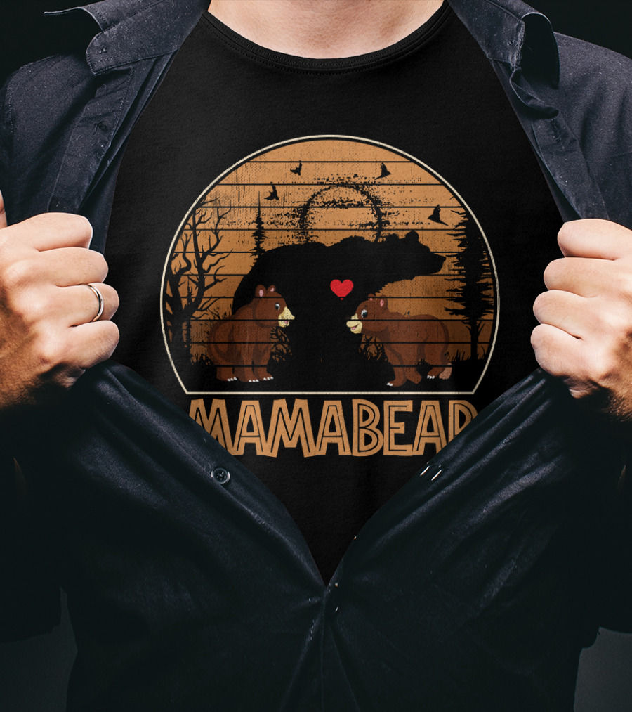 Mama Bear Vintage Sunset With Bears And Heart In Forest Scene T-Shirt