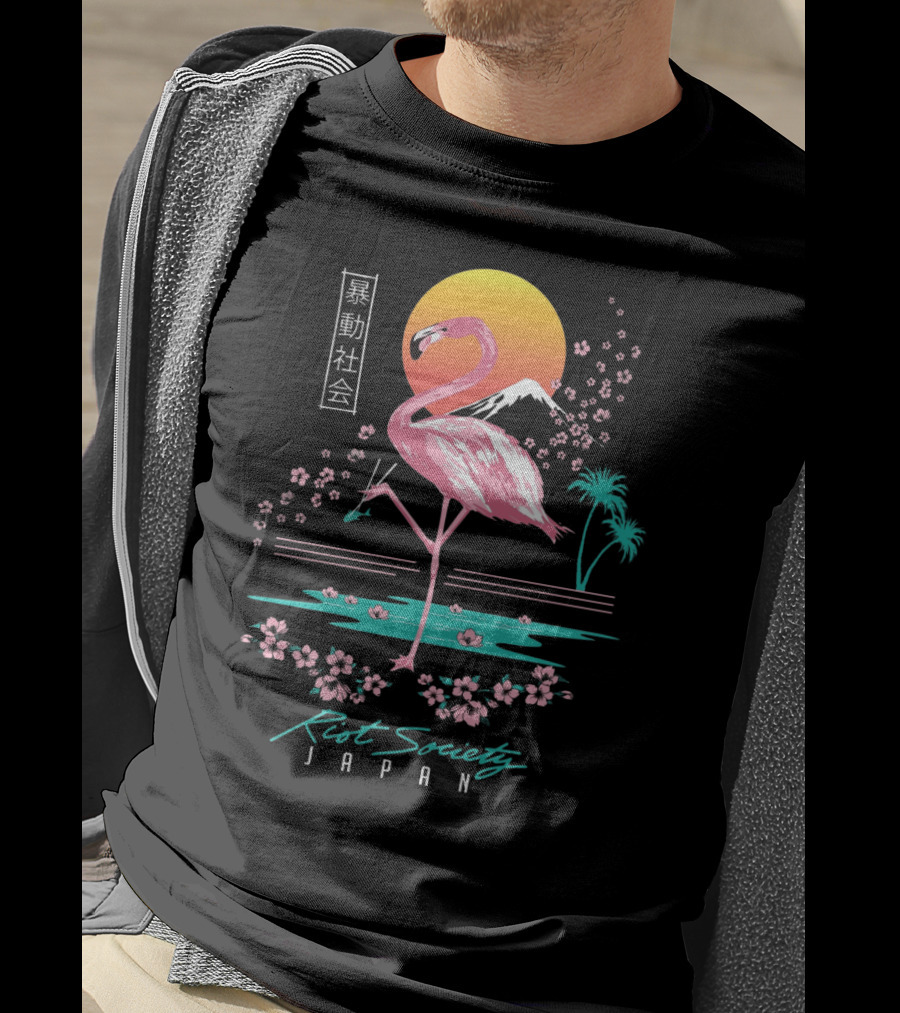 Riot Society Japan Flamingo Blossom Sakura Sunset T-Shirt