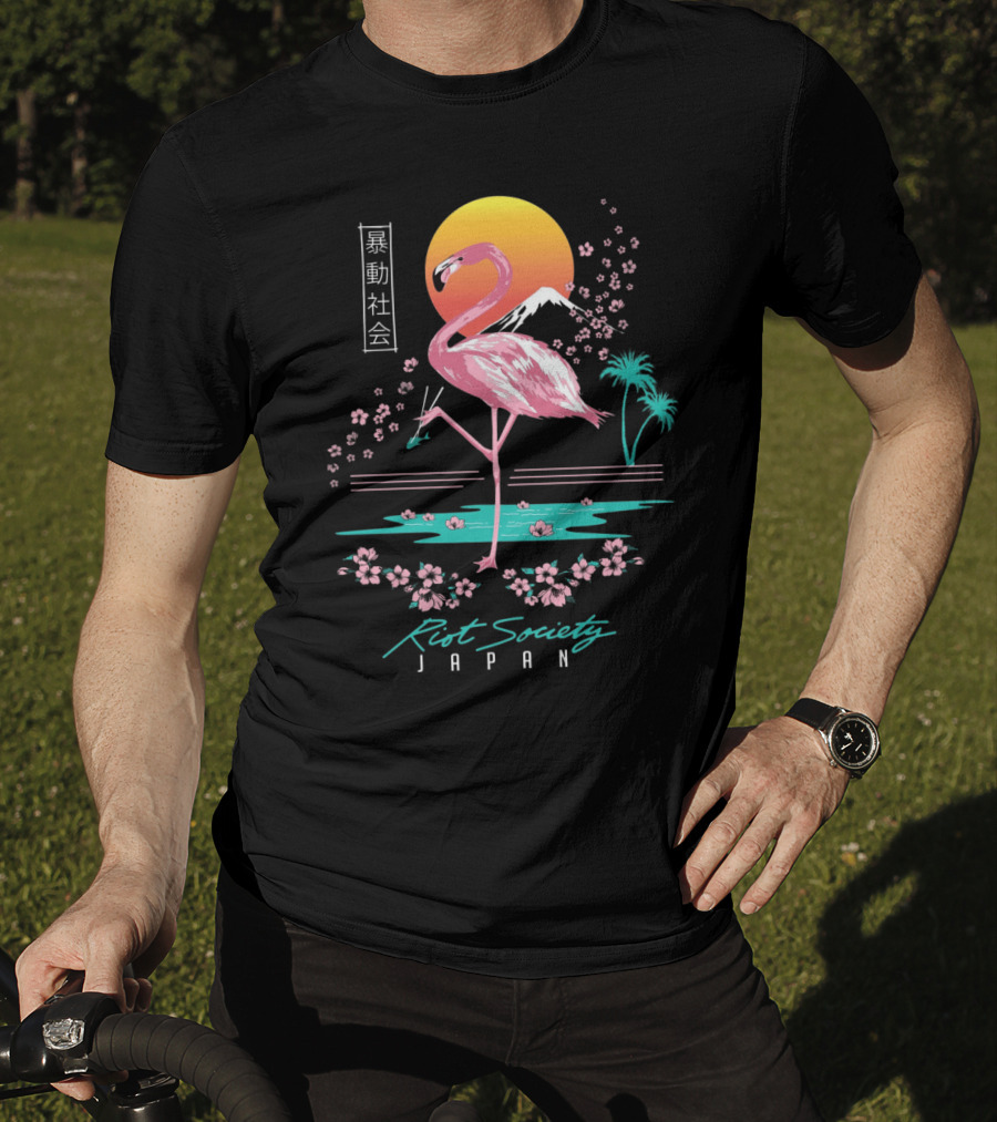 Riot Society Japan Flamingo Blossom Sakura Sunset T-Shirt