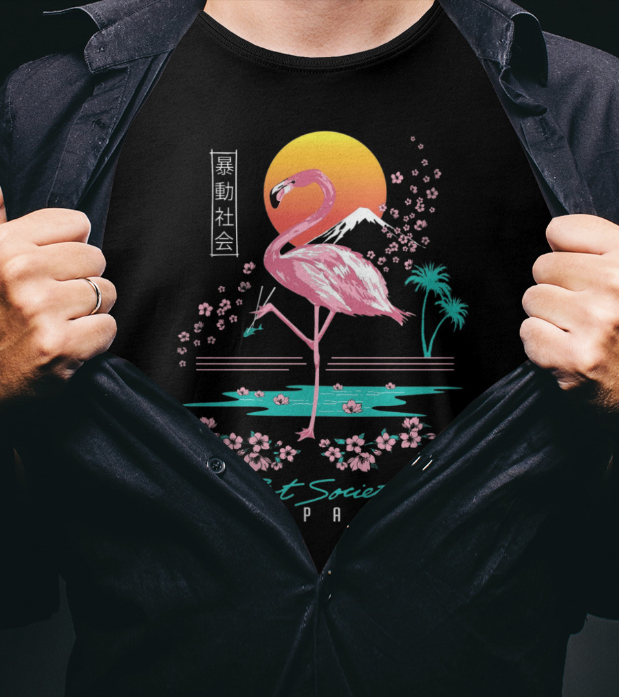 Riot Society Japan Flamingo Blossom Sakura Sunset T-Shirt