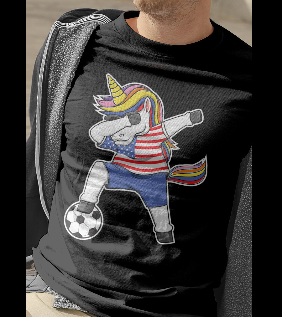 Dabbing Soccer Unicorn USA Girls Unicorn Lover Stars And Stripes Football T-Shirt