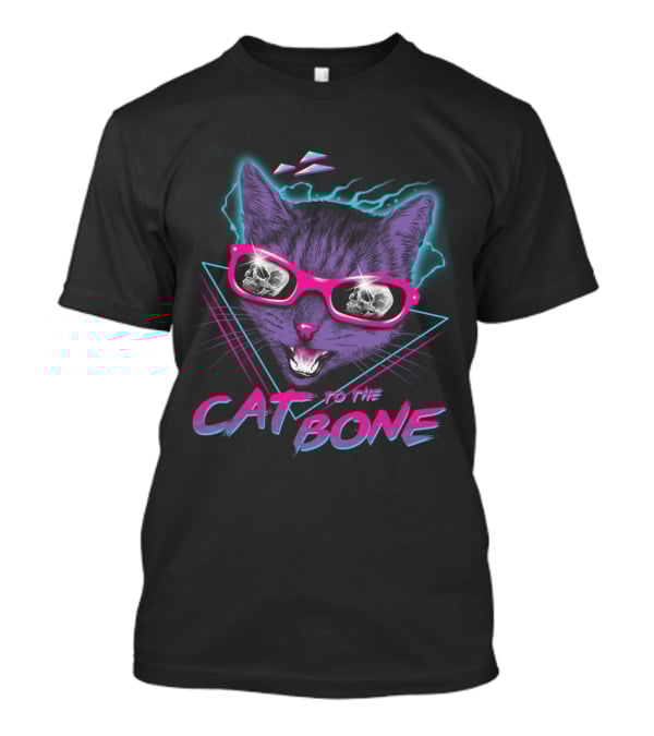 CAT TO THE BONE Retro Neon Cool Cat In Sunglasses With Skull Reflections T-Shirt