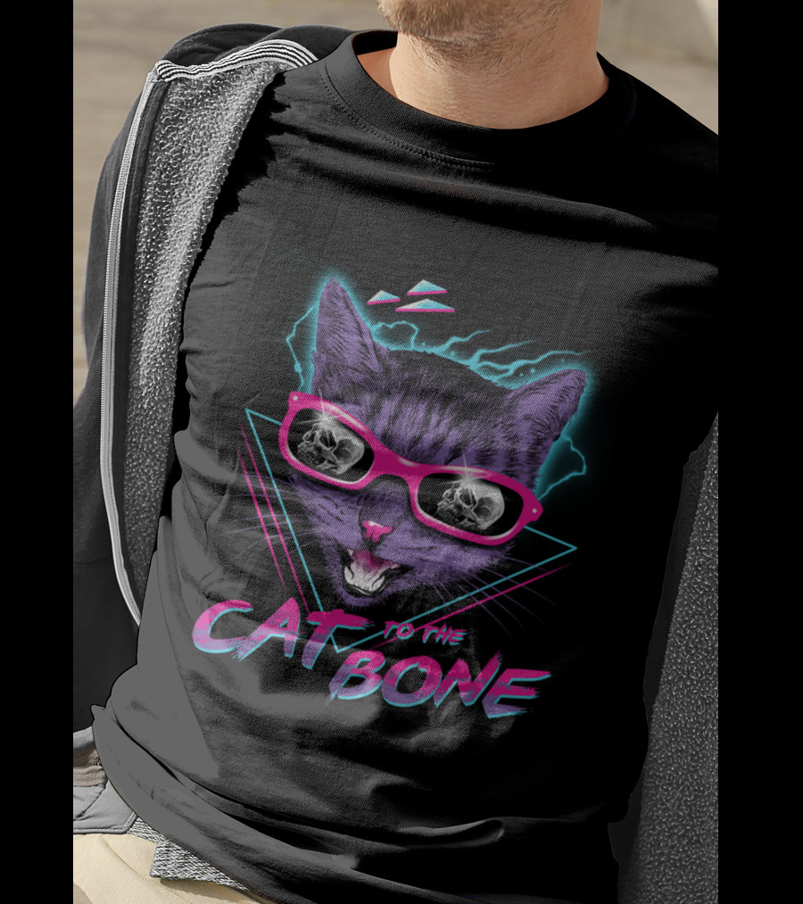 CAT TO THE BONE Retro Neon Cool Cat In Sunglasses With Skull Reflections T-Shirt