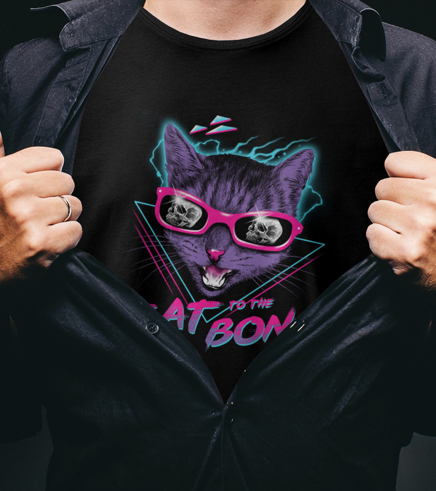 CAT TO THE BONE Retro Neon Cool Cat In Sunglasses With Skull Reflections T-Shirt