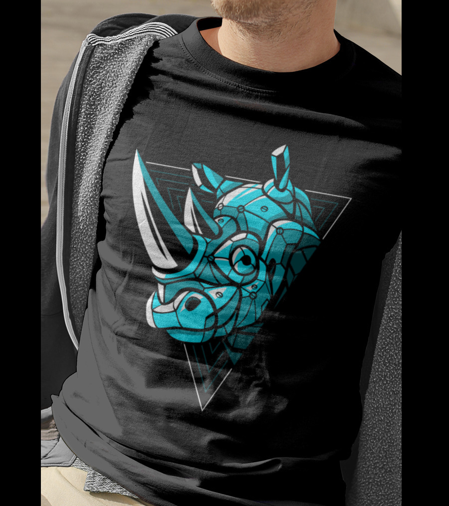 Cybernetic Blue Rhino With Neon Triangle Punk T-Shirt