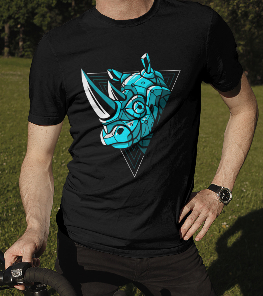 Cybernetic Blue Rhino With Neon Triangle Punk T-Shirt