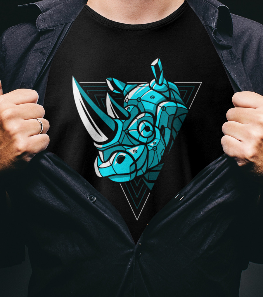Cybernetic Blue Rhino With Neon Triangle Punk T-Shirt